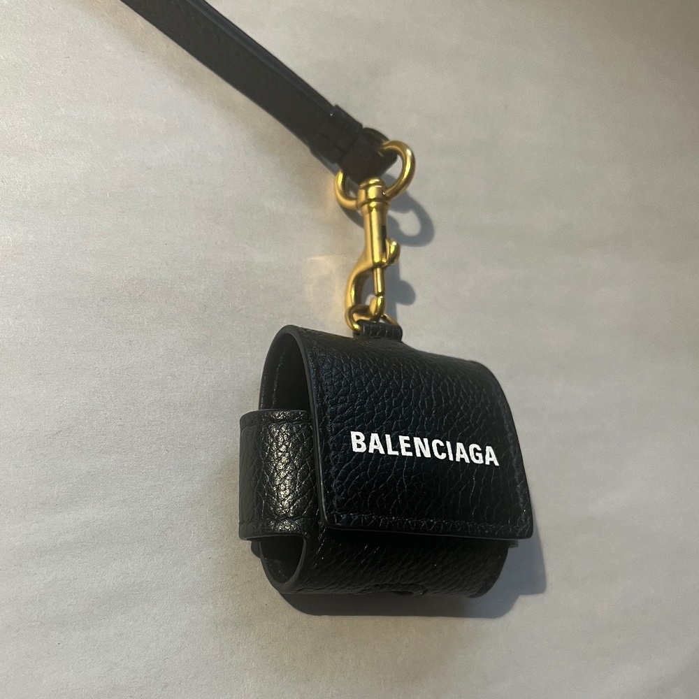 Balenciaga Large EarPods Pro Case Black Logo Leather Holder with Lanyard - Picture 3 of 12